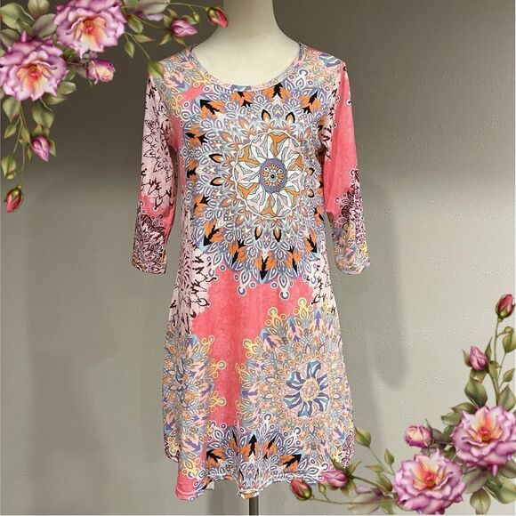 3/4 Sleeve Damask Floral Printed Tunic Dress Bohemian Swing Casual - Picture 1 of 12